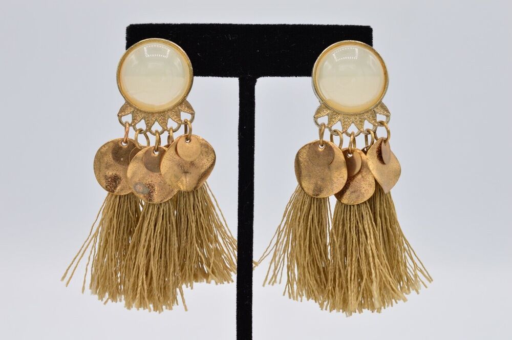Statement Tassel Earrings Drop Dangle Lucite Cabochon Beaded Fabric Beige BinAB